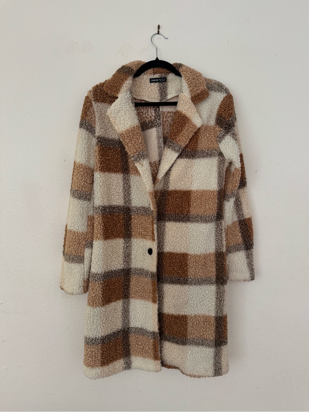 Longline Teddy Coat in Cream and Brown Plaid | Women’s sherpa coat NWOT
